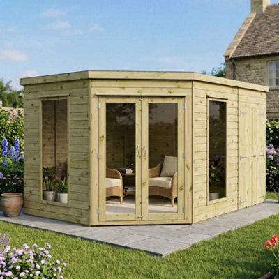 Waltons 12 x 8 Corner Summerhouse and Side Shed Flat Roof Wooden