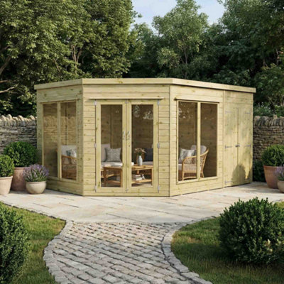 Waltons 13 x 9 Corner Summerhouse and Side Shed Flat Roof Wooden