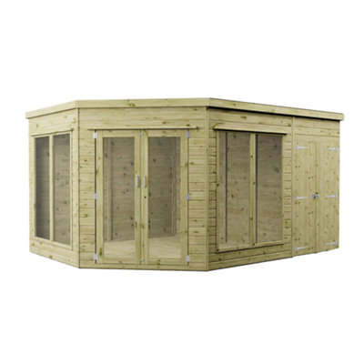 Waltons 13 x 9 Corner Summerhouse and Side Shed Flat Roof Wooden