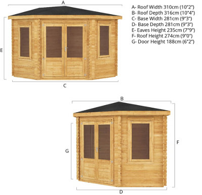 Waltons 3m x 3m Corner 34mm Double Glazed Wooden Log Cabin Garden Room