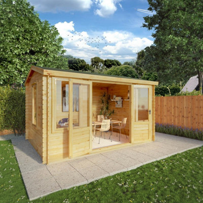 Waltons 4m x 3m Log Cabin Wooden Garden Room Reverse Apex Double Doors Opening Windows 19mm Log Thickness
