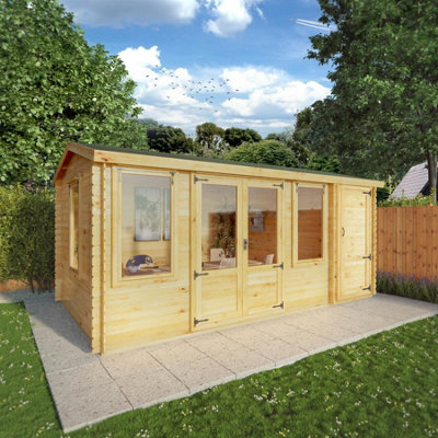 Waltons 5.1m x 3m Wooden Log Cabin Garden Room with Side Shed Apex Roof Summerhouse