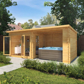 Waltons 6m x 3m Studio Pent With Outdoor Area 28mm Double Glazed Wooden Log Cabin Garden Room