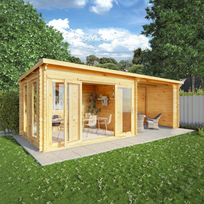 Waltons 7m x 3m Wooden 44mm Log Cabin with Patio Area Pent