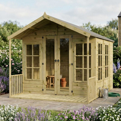 Waltons 8 x 8 Wooden Summerhouse with 2ft Veranda Apex Tongue and
