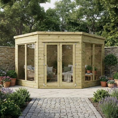 Waltons 9 x 9 Corner Summerhouse Flat Roof Wooden Tongue and