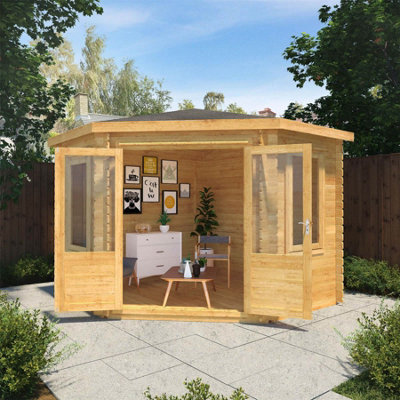Waltons Wooden 3m x 3m Corner Log Cabin Summerhouse Garden Room - 34mm ...