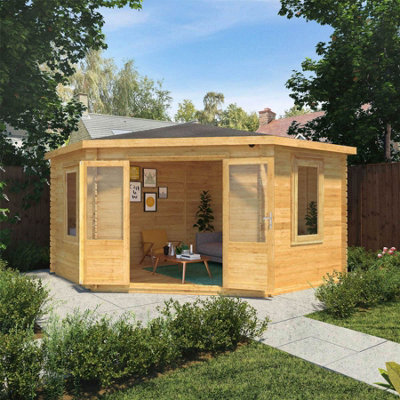Waltons Wooden 4m x 4m Corner Log Cabin Summerhouse Garden Room - 28mm Double Glazed