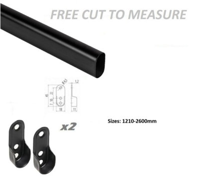 Wardrobe hanging rail with end support and screws, oval - 2600mm - BLACK