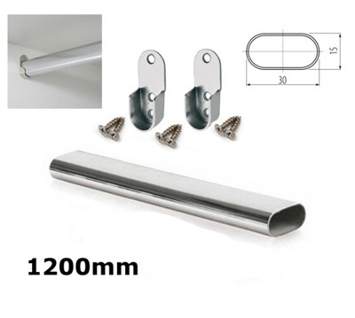 Wardrobe Rail Oval Chrome Hanging Rail Free End Supports & Screws - Length 1200mm