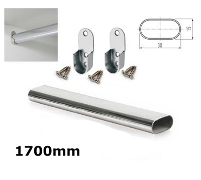 Wardrobe Rail Oval Chrome Hanging Rail Free End Supports & Screws - Length 1700mm