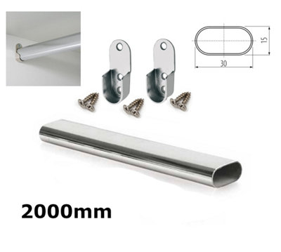 Wardrobe Rail Oval Chrome Hanging Rail Free End Supports & Screws - Length 2000mm
