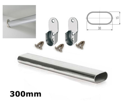 Wardrobe Rail Oval Chrome Hanging Rail Free End Supports & Screws - Length 300mm