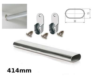 Wardrobe Rail Oval Chrome Hanging Rail Free End Supports & Screws - Length 414mm