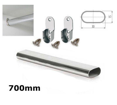 Wardrobe Rail Oval Chrome Hanging Rail Free End Supports & Screws - Length 700mm