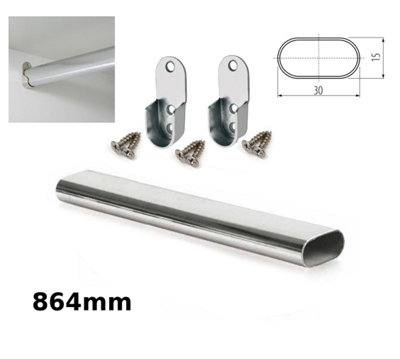 Wardrobe Rail Oval Chrome Hanging Rail Free End Supports & Screws - Length 864mm