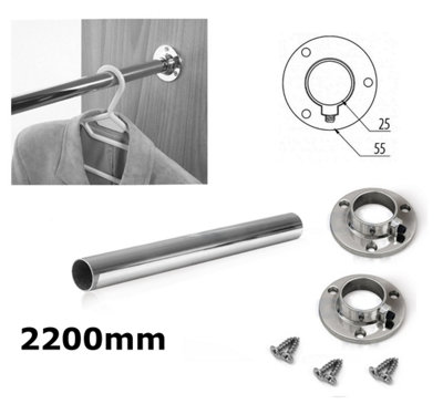 Wardrobe Round Rail Chrome Hanging Rail Free End Supports & Screws - Length 2200mm