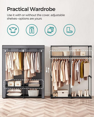 Wardrobe Storage Organiser, Portable Wardrobe with Hanging Rods, Clothes Rack, Foldable, Cloakroom, Bedroom, Study, Stable, Grey