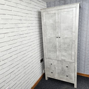 Wardrobe With 2 Drawers Bedroom Storage Wooden Stone Grey Effect 2 Door Hanging Bar Clothes