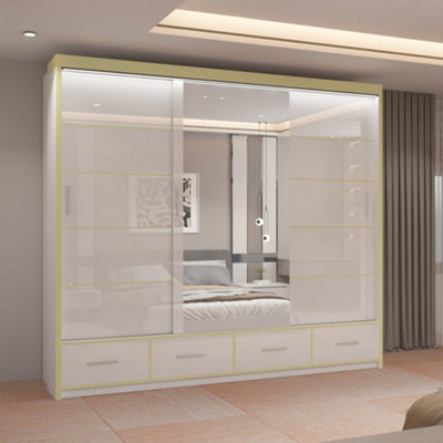 Wardrobe with LED Light Modern High Gloss Sliding Wardrobe - Bedroom ...