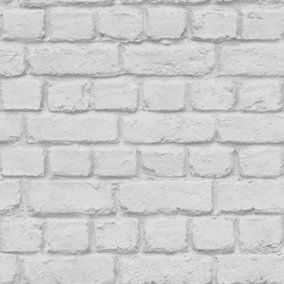 Warehouse Photographic Brick Effect Wallpaper in White and Grey