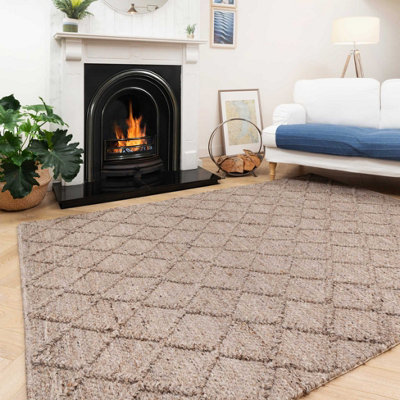 Warm Beige Luxurious Wool Textured Diamond Trellis Living Area Rug 160x230cm