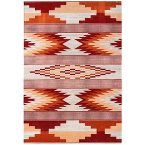 Warm Orange Terracotta Tribal Geometric Low Pile Soft Living Area Rug 80x150cm