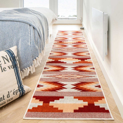 Warm Orange Terracotta Tribal Geometric Low Pile Soft Living Area Runner Rug 60x240cm