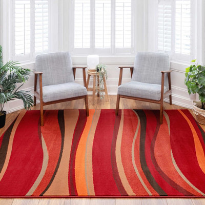 Warm Red Terracotta Wave Living Room Rug 280x365cm