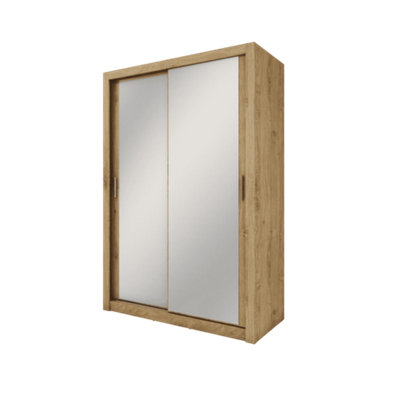 Warm Sliding Door Wardrobe with Mirrored Doors and Organiser Shelves in Shetland Oak (H2150mm x W1500mm x D600mm)