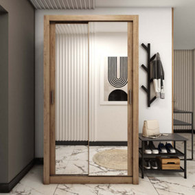 Warm Sliding Wardrobe with Mirrored Doors in Shetland Oak - Functional Elegance (H2150mm x W1200mm x D600mm)