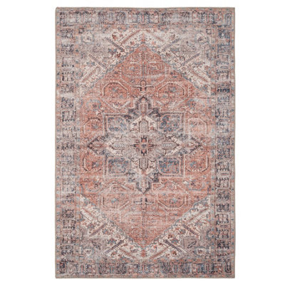 Warm Terracotta Traditional Medallion Anti Slip Washable Rug 120x170cm