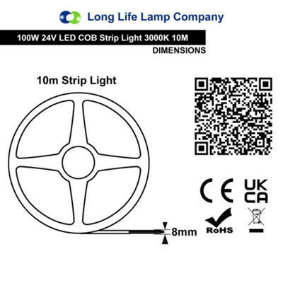 Warm White LED Tape Strip Light 10 Metres 24V Continuous COB Illumination IP20 with Driver