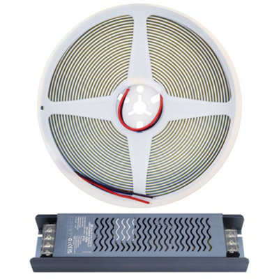 Warm White LED Tape Strip Light 10 Metres 24V Continuous COB Illumination IP20 with Driver