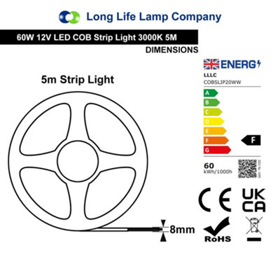 Warm White LED Tape Strip Light Continuous COB Illumination 5 Metres 12V with Driver