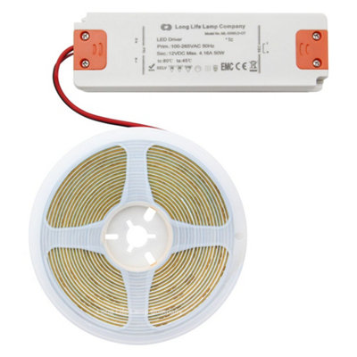 Warm White LED Tape Strip Light Continuous COB Illumination 5 Metres 12V with Driver