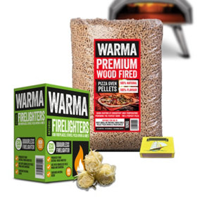 Warma Premium 100% Natural Odourless Chemical-Free Ooni Pizza Oven Wood Pellets 1 x 10kg, 1 x Box of Eco Firelighters & Matches