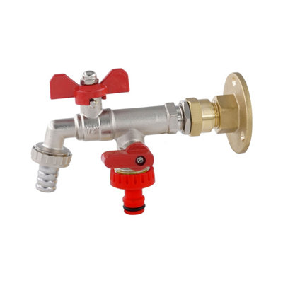 Warmer System 1/2 x3/4 x3/4 Double Outlet Outside Garden Tap with Check Valve and Through The Wall Wallplate Flange Adapter,