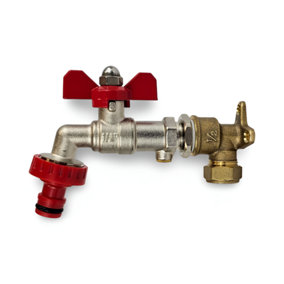 Warmer System Outside Garden Tap with Check Valve and Wallplate Elbow Fixture, Butterfly Handle and Hose Connector