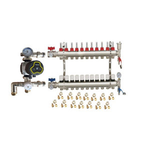 Warmer System Underfloor Heating 11 Port Manifold with 'A' Rated Auto Pump GPA25-6 III and Blending Valve Set