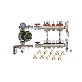Warmer System Underfloor Heating 5 Port Manifold with 'A' Rated Auto Pump GPA25-6 III and Blending Valve Set