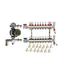 Warmer System Underfloor Heating 9 Port Manifold with 'A' Rated Auto Pump GPA25-6 III and Blending Valve Set