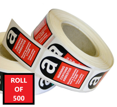 Warning Contains Asbestos Label Roll of 500 Self Adhesive Polypropylene - 25mm x 50mm - 3