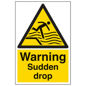 Warning Sudden Drop Water Safety Sign Adhesive Vinyl - 200x300mm (x3)