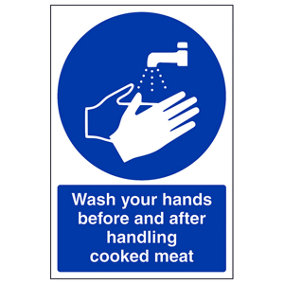 Wash Hands Before/After Handling Cooked Meat Catering Sign - Adhesive Vinyl - 150x200mm (x3)