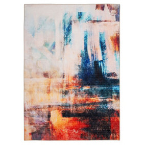 Washable Large Terracotta and Navy Abstract Area Rug 190cm x 280cm
