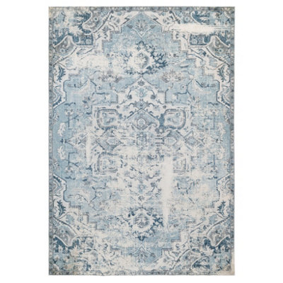 Washable Non-Slip Blue Gey Traditional Area Rug 120cm x 170cm