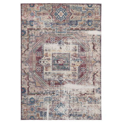 Washable Non-Slip Burgundy Distressed Area Rug 80cm x 150cm