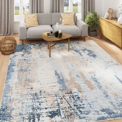 Washable Non-Slip Navy Beige Abstract Living Area Rug 50cm x 80cm