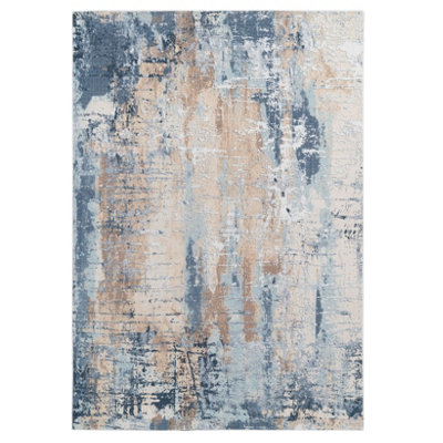 Washable Non-Slip Navy Beige Abstract Living Runner Rug  60cm x 240cm